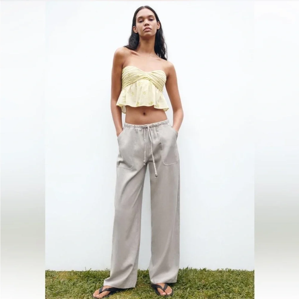 ZARA LINEN BLEND CARPENTER PANTS LIGHT GRAY SIZE L | 7928/939